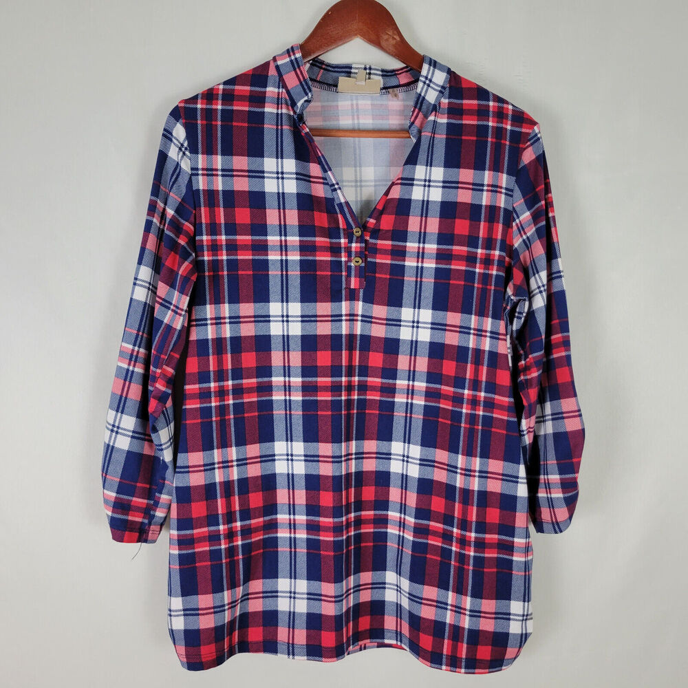 Cupcake Cafe Maternity Shirt‎ Womens Medium Red Popover Top Plaid Split Neck